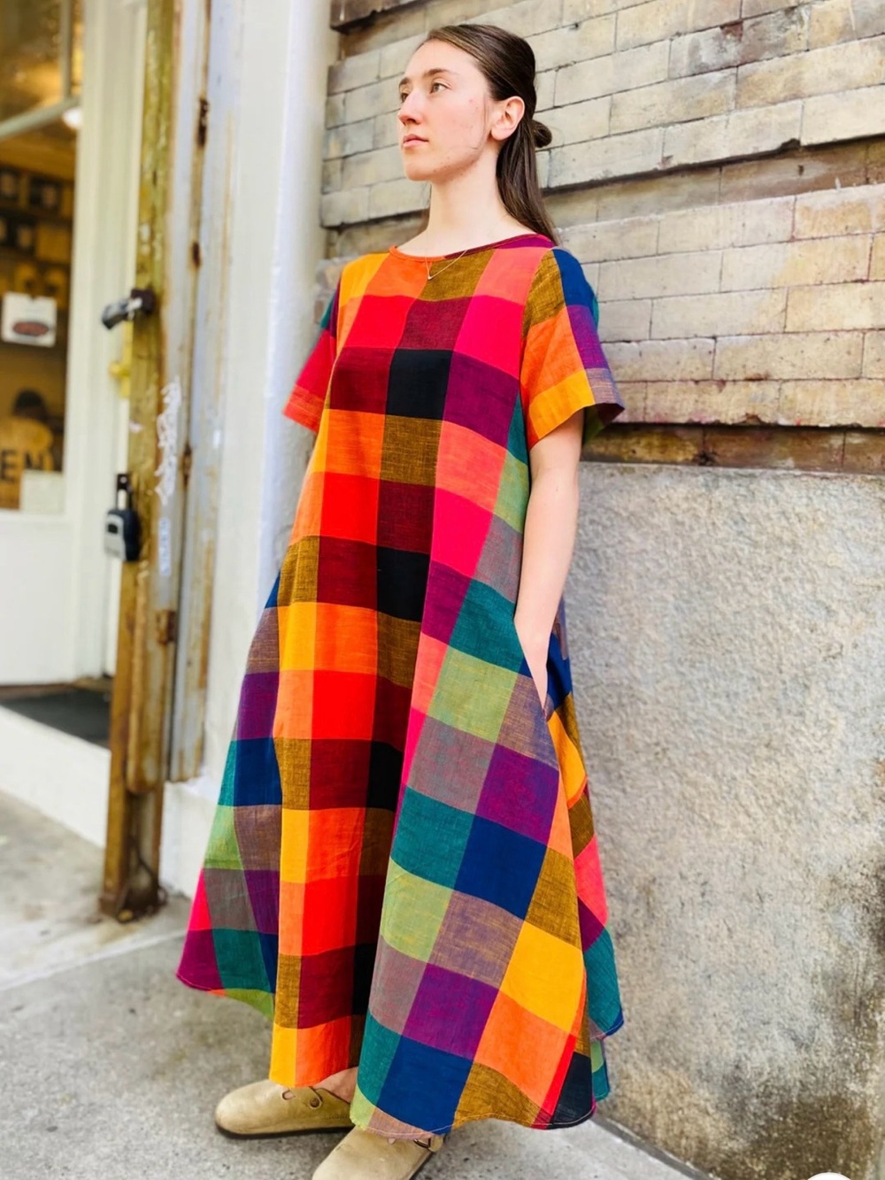 Multicolor Plaid Midi Dress - Bright Check Print - Picture 3 of 8